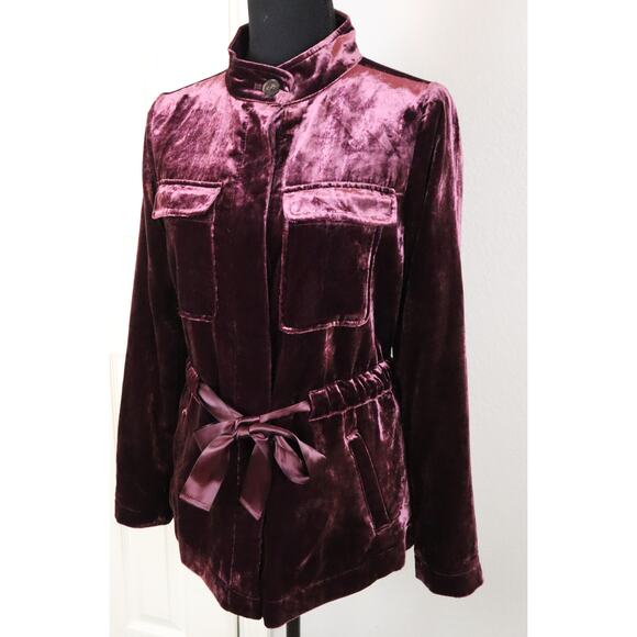 NWT LOFT Vintage Y2K Burgundy Velvet Jacket Blazer Cinched Waist Bow Tie XS - Picture 3 of 8
